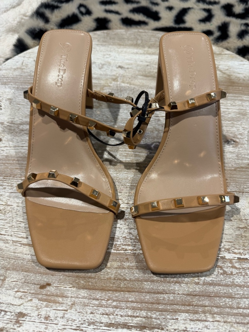 Stud-Trim Tan Block Heel Sandals with Square Toe